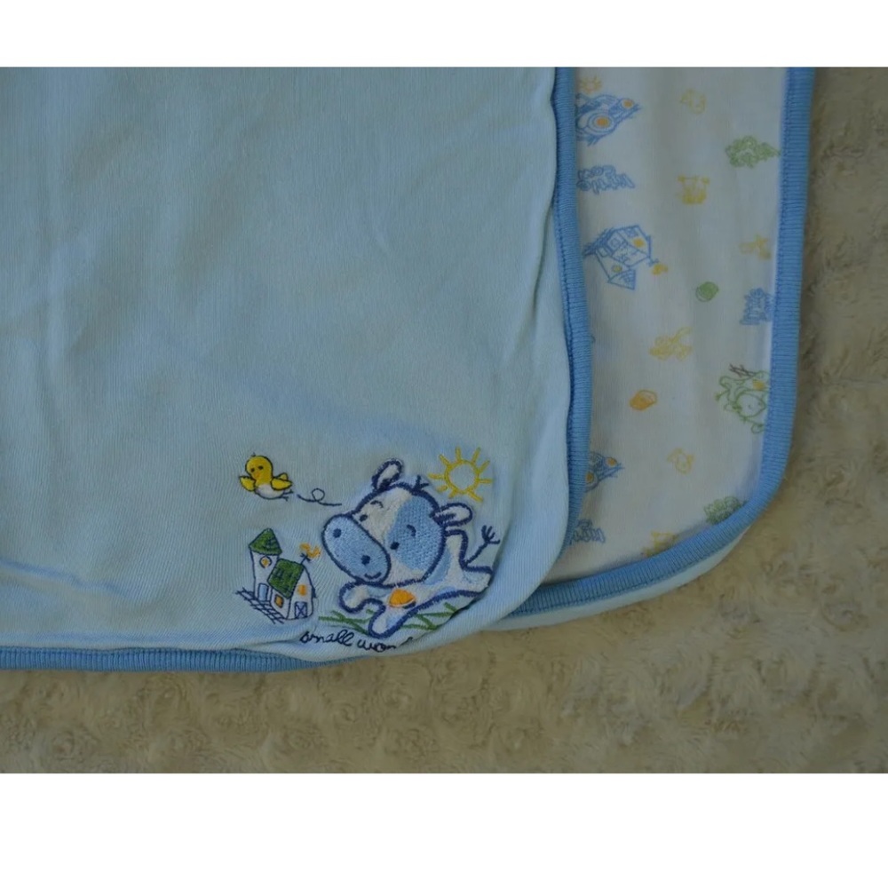 Small Wonders Little Cow Baby Blanket Blue White Yellow Farm Tractor Bird Barn